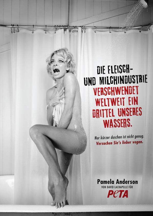 2015 unterstützte Pamela Anderson erneut die Tierrechtsorganisation. Um gegen die Wasserverschwendung bei der Fleischproduktion zu kämpfen, stellte sie eine Szene aus „Psycho“ nach.