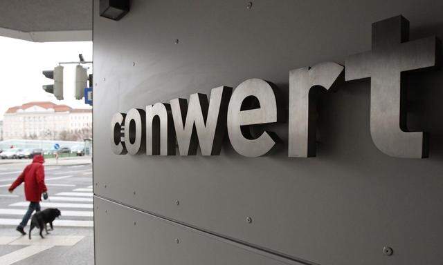 The logo of Austrian property group Conwert is pictured at its headquarters in Vienna