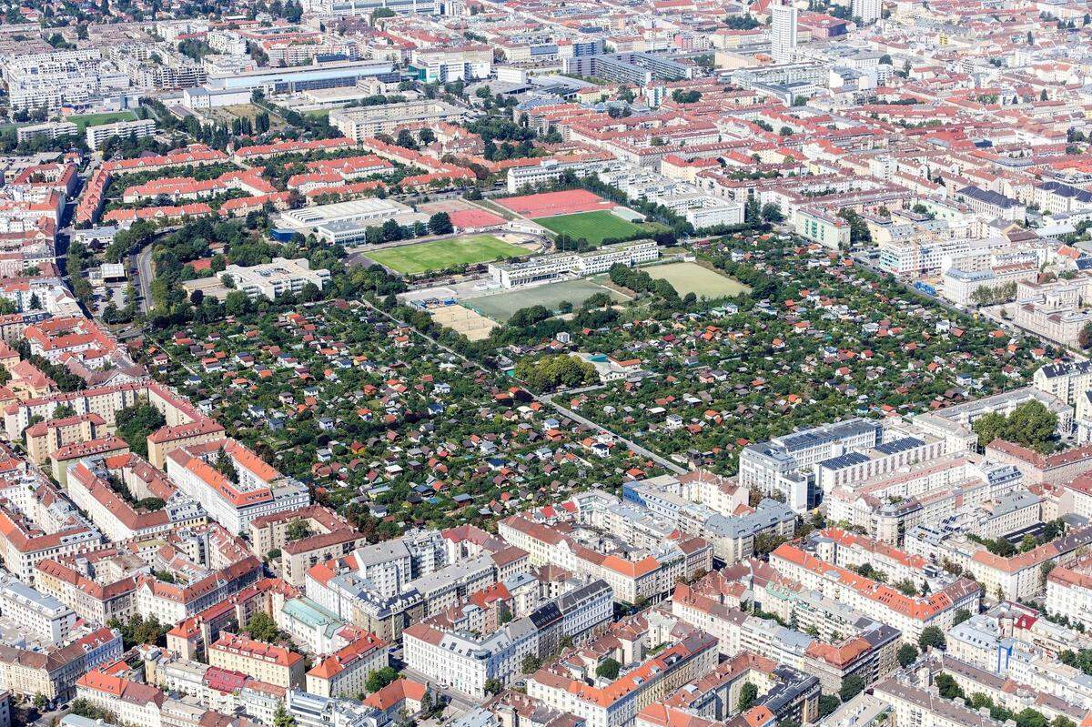 15. Bezirk: Eine der vielen Kleingartenanlagen in Wien - Auf der Schmelz. Dahinter das Universitätssportzentrum.