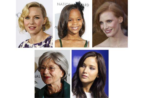 von links oben im Uhrzeigersinn * Naomi Watts - "The Impossible" * Quvenzhané Wallis - "Beasts of the Southern Wild" * Jessica Chastain - "Zero Dark Thirty" * Emmanuelle Riva - "Amour" * Jennifer Lawrence - "Silver Linings"