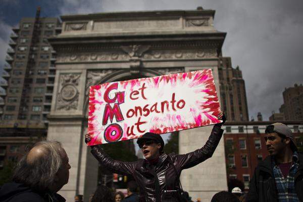 Ein Banner gegen genetisch modifizierte Organismen (GMO) in New York.