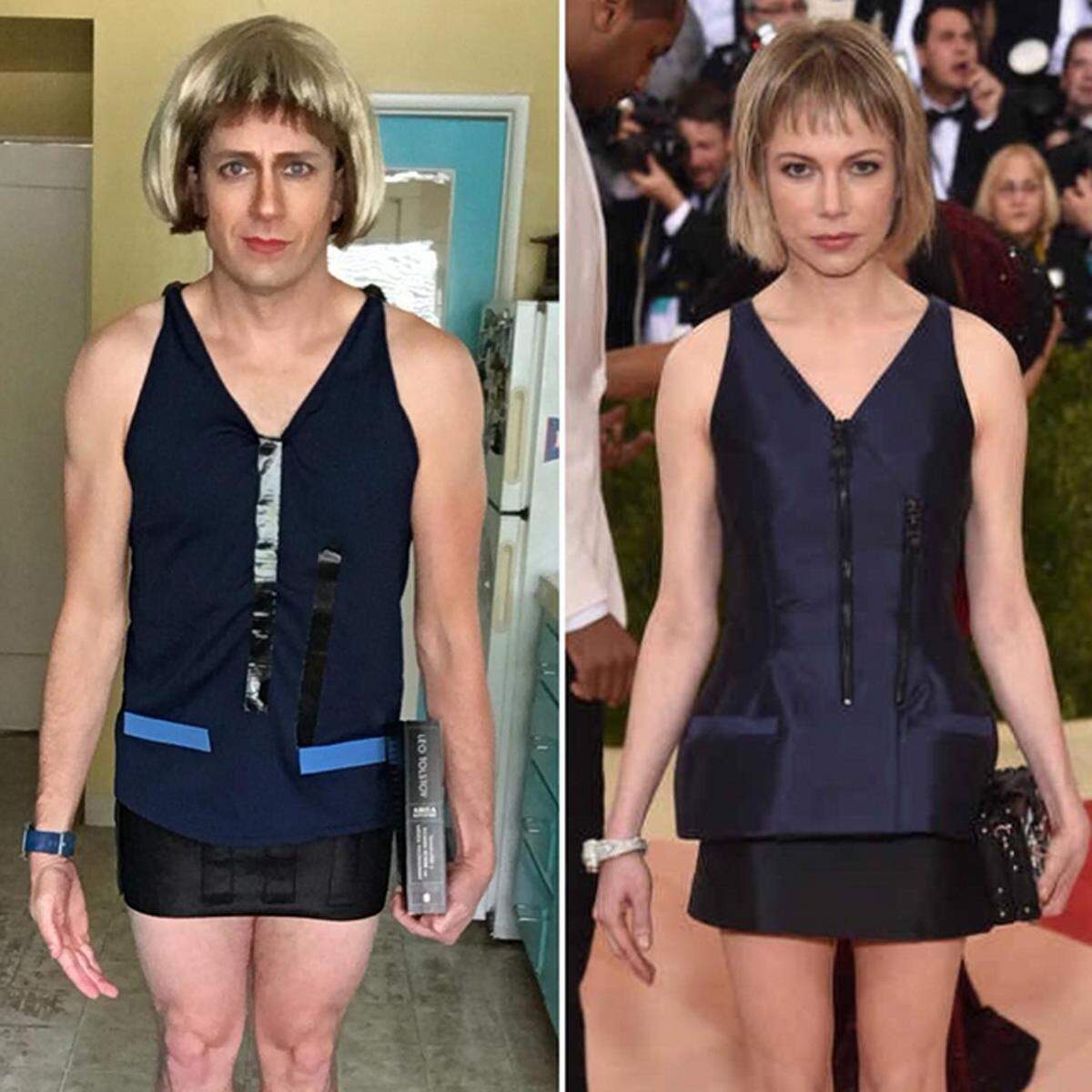 Einen Fitnessgürtel aus Neopren funktionierte Lenk zum Minirock um. So entstand das Outfit von Louis Vuitton von Michelle Williams.