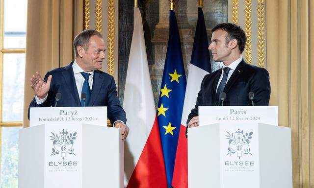 Polens Premier Donald Tusk und der französische Präsident Emmanuel Macron bei einem Treffen im Elysee Palast in Paris.