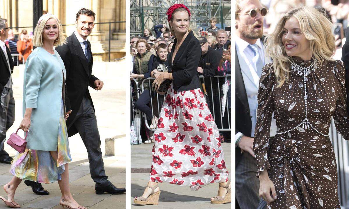 Zur Hochzeit in der mittelalterlichen Kathedrale von York rund 350 Kilometer nördlich von London erschienen jede Menge Promis, darunter Sängerin Katy Perry mit Partner Orlando Bloom (links), Sänger James Blunt, Schauspielerin Sienna Miller (rechts), das britische Model Cressida Bonas (Mitte) ...