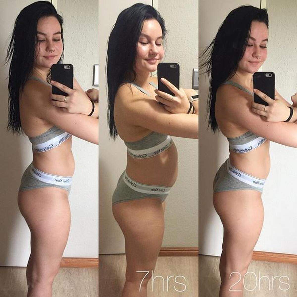 Wie relativ das Thema Bauchumfang ist, zeigte auch Instagram-Nutzerin Sara Puhto - mit drei Fotos, die sie zu unterschiedlichen Zeiten nach einem Festessen aufgenommen hatte.