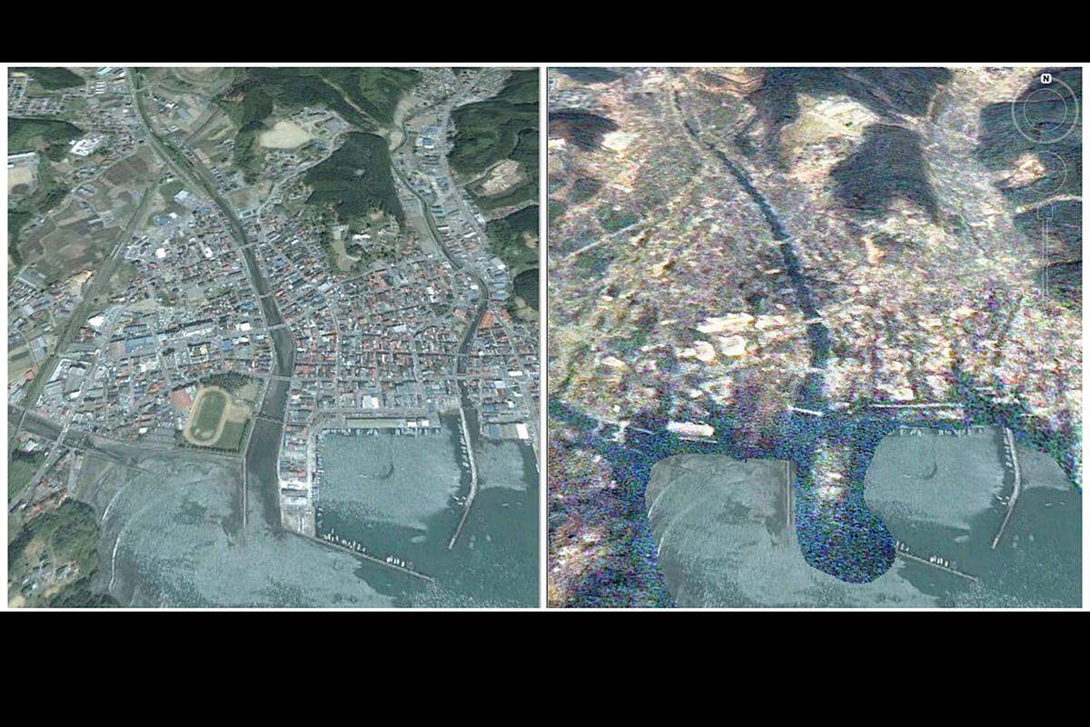 Die Bilder von der Stadt Minamisanriku wurden von Taiwans National Space Organisation (NSPO) veröffentlicht.
