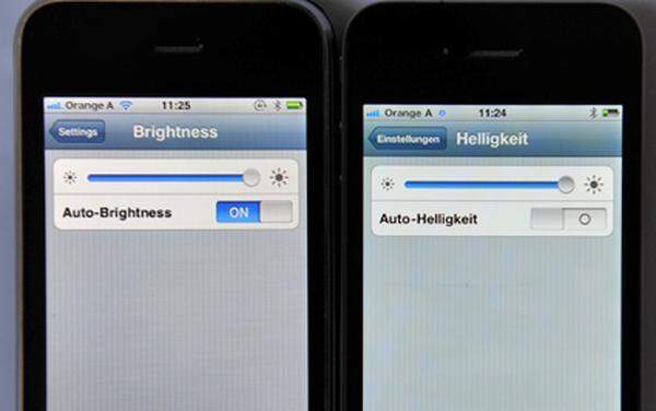 Anders sind aber auch die Farben des Displays. Beide Geräte zeigen Weiß nicht perfekt an. Das iPhone 4 auf der rechten Seite wirkt vergleichsweise etwas gelblicher, das iPhone 3GS geht mehr ins Rötliche.