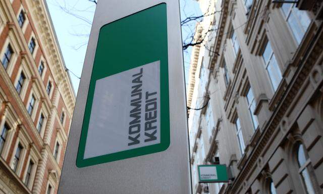 The logo of Kommunalkredit is pictured in front of its headquarters building in Vienna