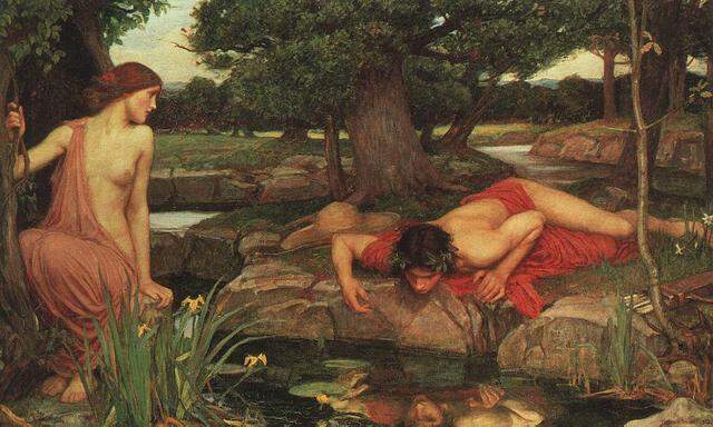 Narziss an der Wasserquelle, wo er sich im Mythos in sein eigenes Spiegelbild verliebt. Festgehalten vom britischen Maler John William Waterhouse.