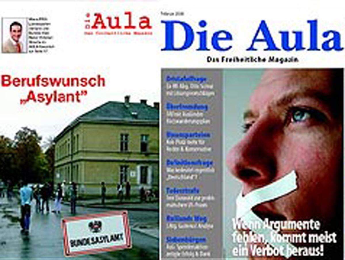 Das Zentralorgan der Burschenschafter in Österreich ist die Aula, in der unter anderem für Publikationen geworben wird, in denen die Shoa angezweifelt wird und wo Hitler als "unerwünschter, weil erfolgreicher Sozialrevolutionär" bezeichnet wird. Dies hinderte und hindert auch weiter hochrangige FP-Funktionäre nicht, weiter in der Aula zu publizieren. Aula Covers aus November 04, Februar 06 und Dezember 05.