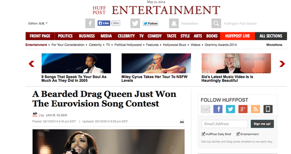 Die US-Website "Huffington Post" kann es kaum glauben: "Eine bärtige Drag Queen hat gerade den Eurovision Song Contest gewonnen", heißt es dort. Die Grenzen von Geschlechteridentitäten zu verschieben, sei aber nichts Neues beim Wettbeweb. Mit Dana International aus Israel siegte bereits einmal transsexuelle Sängerin.