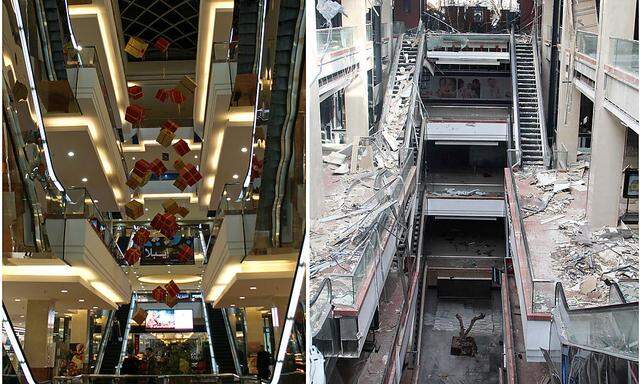 Ein Einkaufszentrum in Aleppo vor und nach dem Krieg.
