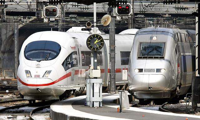 File photo of two high-speed trains, the German ICE 3 and French TGV train at the Paris Gare de l'Est railway station