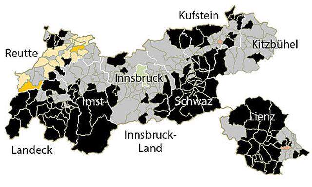 Tiroler Gemeinden eingefärbt nach Stimmenmehrheit 