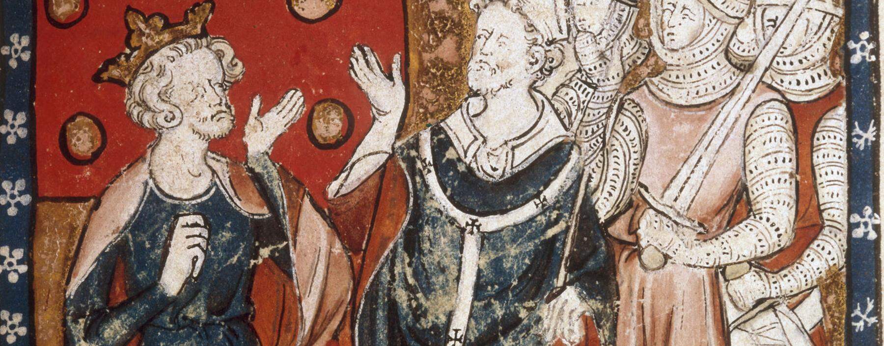 Zuerst Disput, dann Todfeindschaft: König Heinrich II. und Thomas Becket, Erzbischof von Canterbury. Die vier Mörder im Hintergrund.