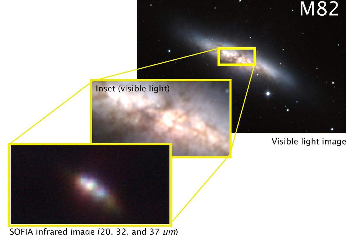 Ein Ausschnitt aus der Galaxie M82. Die Länge des Ausschnitts beträgt etwa 5400 Lichtjahre.