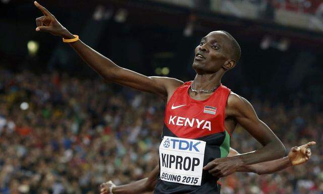 Asbel Kiprop of Kenya reacts after winning the men's 1500 metres final during the 15th IAAF World Championships at the National Stadium in Beijing