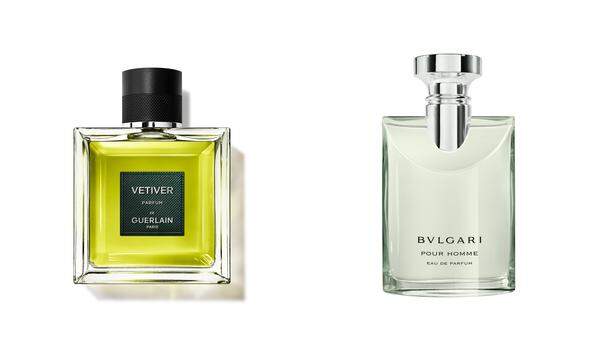 „Pour Homme Eau de Parfum“ von Bulgari, 100 ml um 139 Euro. „Vétiver Le Parfum“ von Guerlain, 100 ml um 163 Euro.  