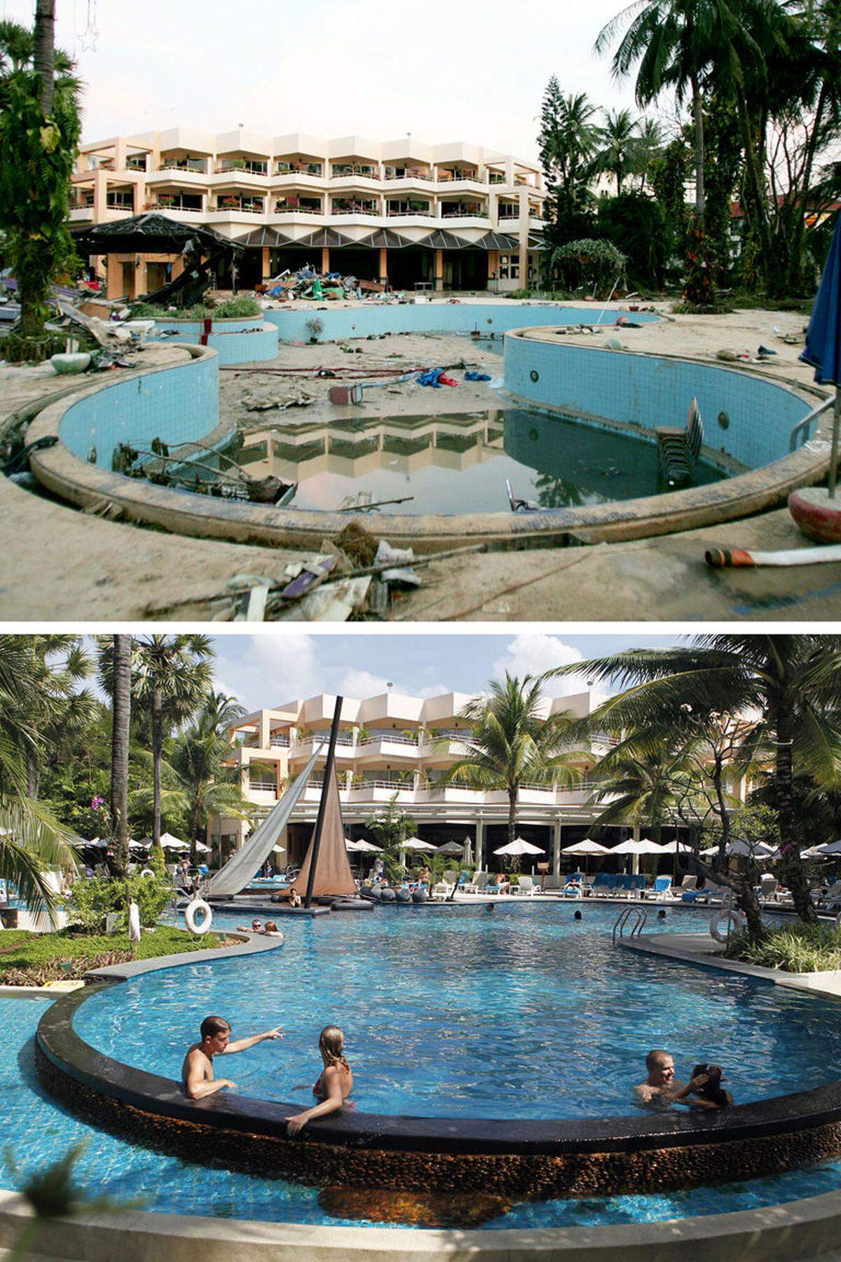 Ein Hotel am berühmten Patong Beach in Phuket (Thailand) am 29. Dezember 2004 (oben) und am 10. Dezember 2009.