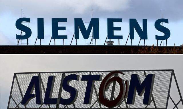 A combination of two file photographs shows the logos of Siemens AG company in Berlin and of French power and transport engineering company Alstom in Reichshoffen