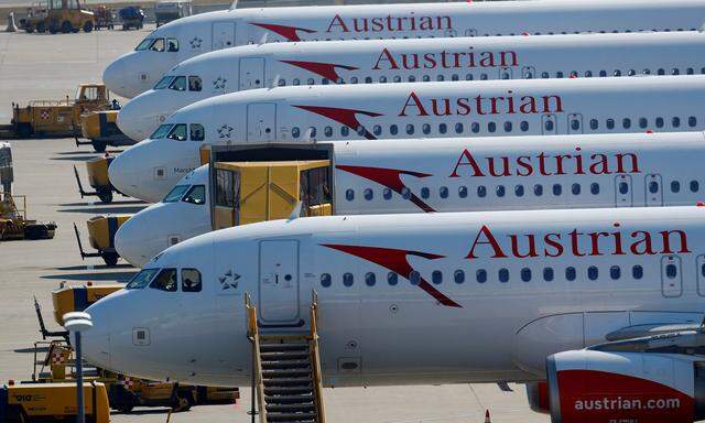 Planes of Lufthansa unit Austrian Airlines are parked at Vienna International Airport in Schwechat