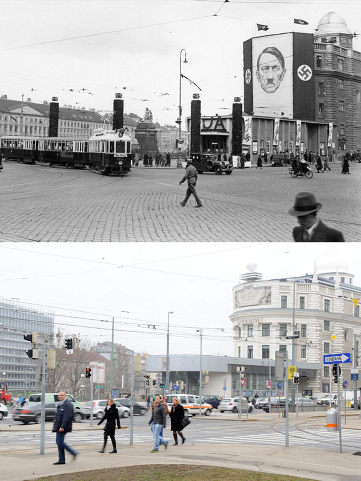 Führerkult: Auf dem Gebäude der Wiener Urania wurde ein Bild Adolf Hilters angebracht - und die Urania heute.