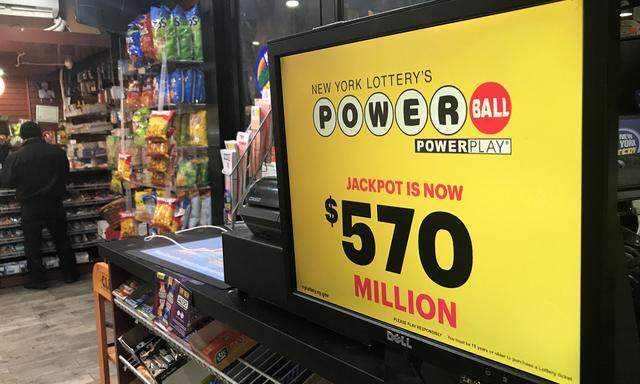 A Powerball sign is pictured in a store in New York City