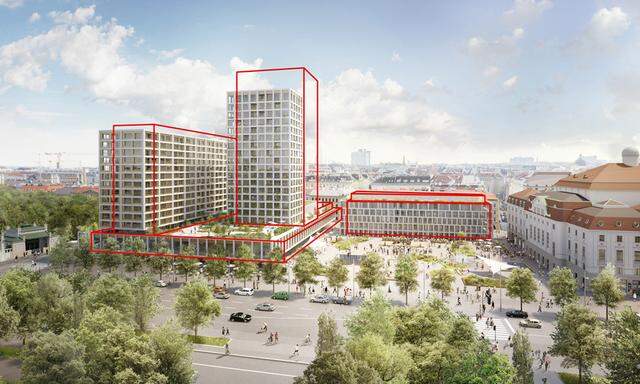 Der Turm am Heumarkt wird niedriger, das Hotel Intercont versetzt (rote Konturen: der ursprüngliche Plan).