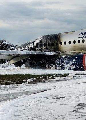 A view shows a damaged Aeroflot Sukhoi Superjet 100 passenger plane after an emergency landing at Moscow´s Sheremetyevo airport