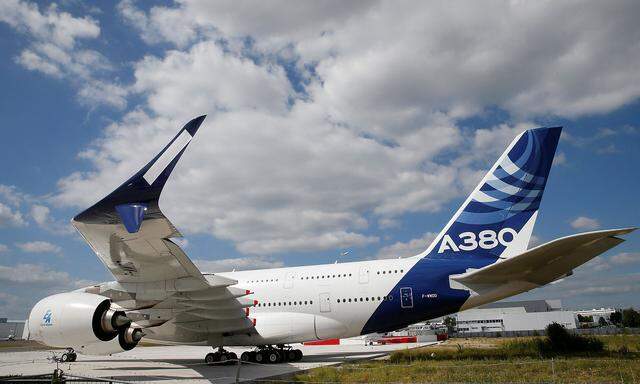 A new fuel-efficient wingtip extension or winglet is seen on an Airbus A380 at Le Bourget
