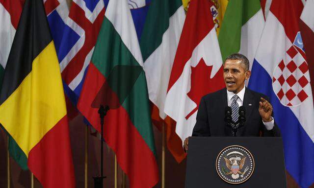 U.S. President Obama gives a speech at Bozar concert hall in Brussels