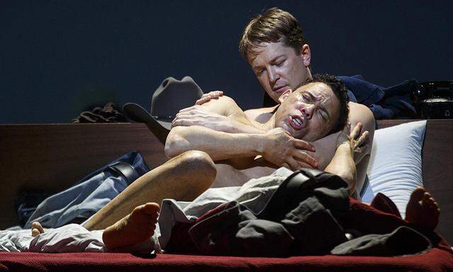 American tenor Tom Randle and Canadian bass-baritone Daniel Okulitch perform during a dress rehearsal for Brokeback Mountain at the Teatro Real in Madrid