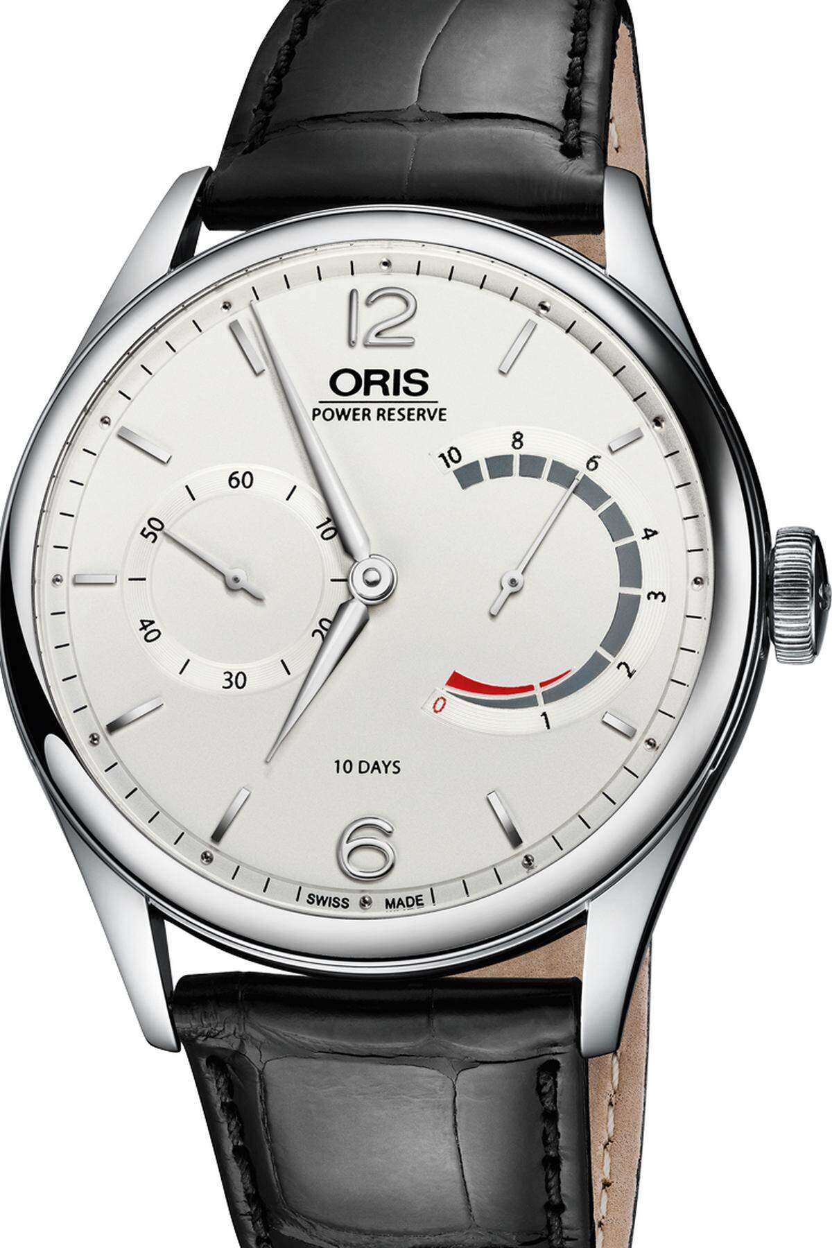 Zum Geburtstag serviert uns Oris das erste selbst entwickelte Uhrwerk seit 35 Jahren. Das Handaufzugkaliber verfügt über zehn Tage Gangreserve und eine von Oris so bezeichnete nicht lineare Gangreserveanzeige.