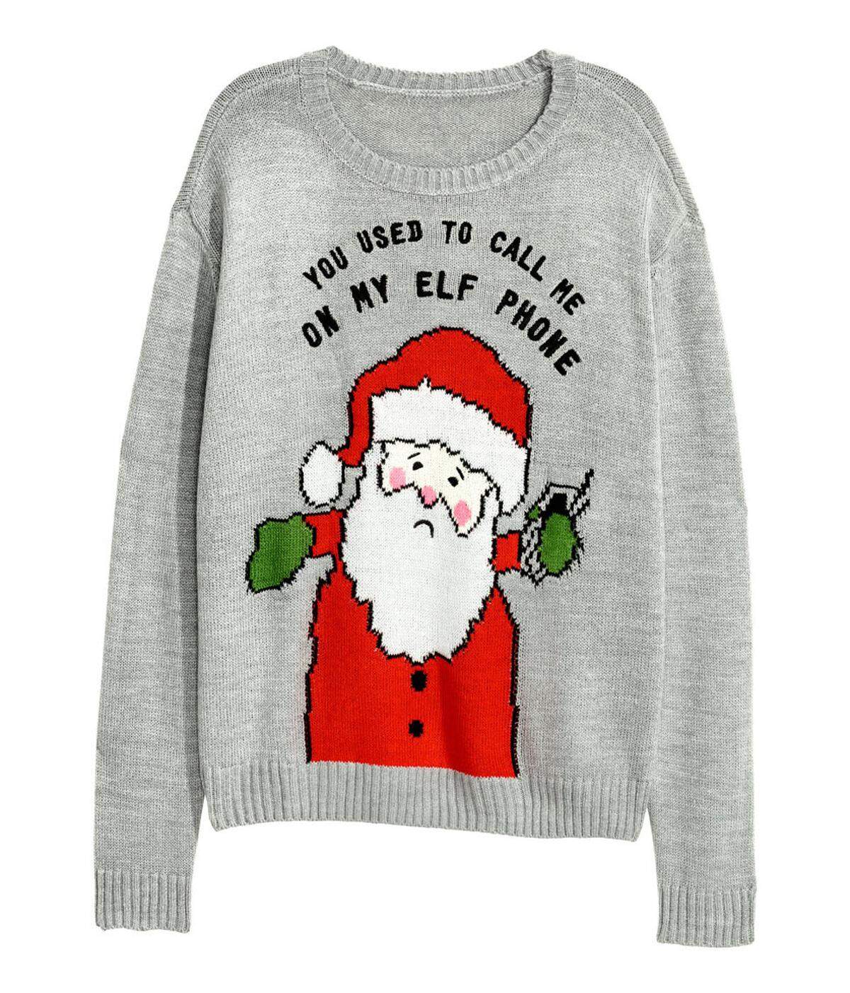 Auf dem Pullover von H&amp;M wartet der Weihnachtsmann auf Anrufe.