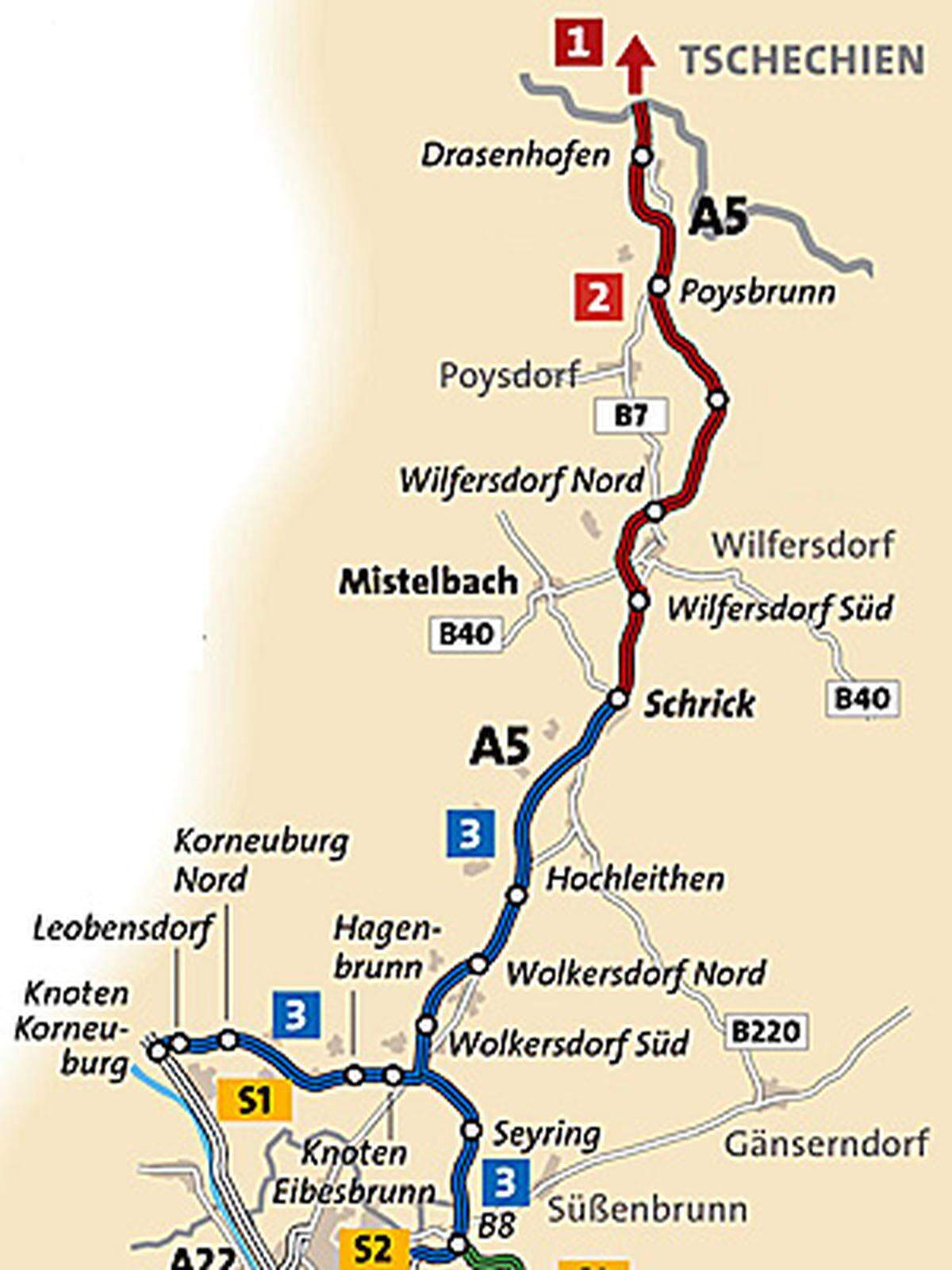 Vorbei an Wolkersdorf und Gaweinstal führt die A5 dann weiter bis zur Anschluss-Stelle Schrick. Insbesonders für Pendler aus dem Weinviertel soll sich die Fahrzeit dadurch erheblich verkürzen.