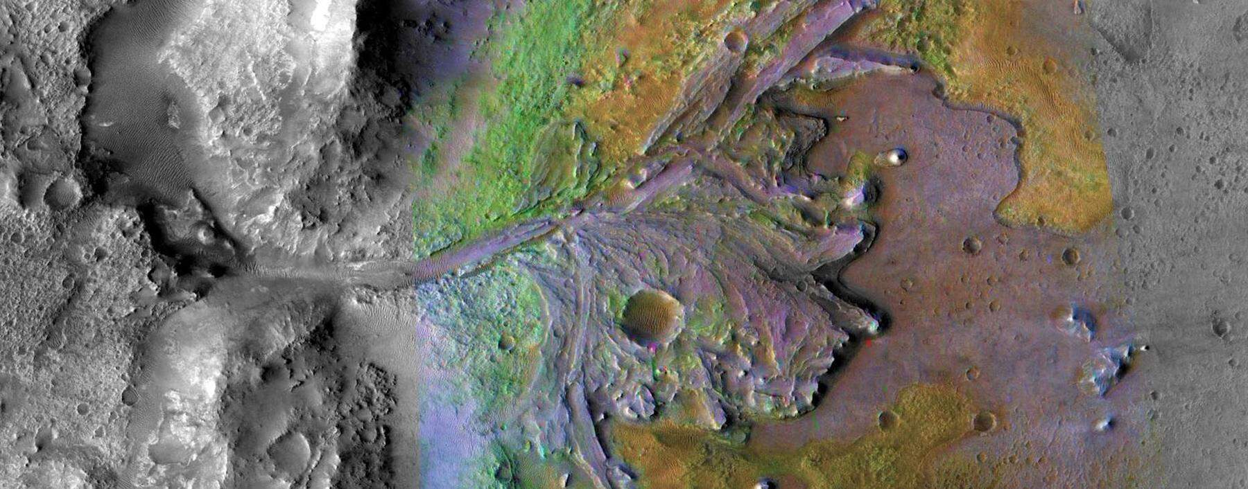 In dem vier Milliarden Jahre alten Einschlagkrater Jezero – etwa in der Mitte des Bilds – soll der Rover Spuren von Leben suchen. ⫻