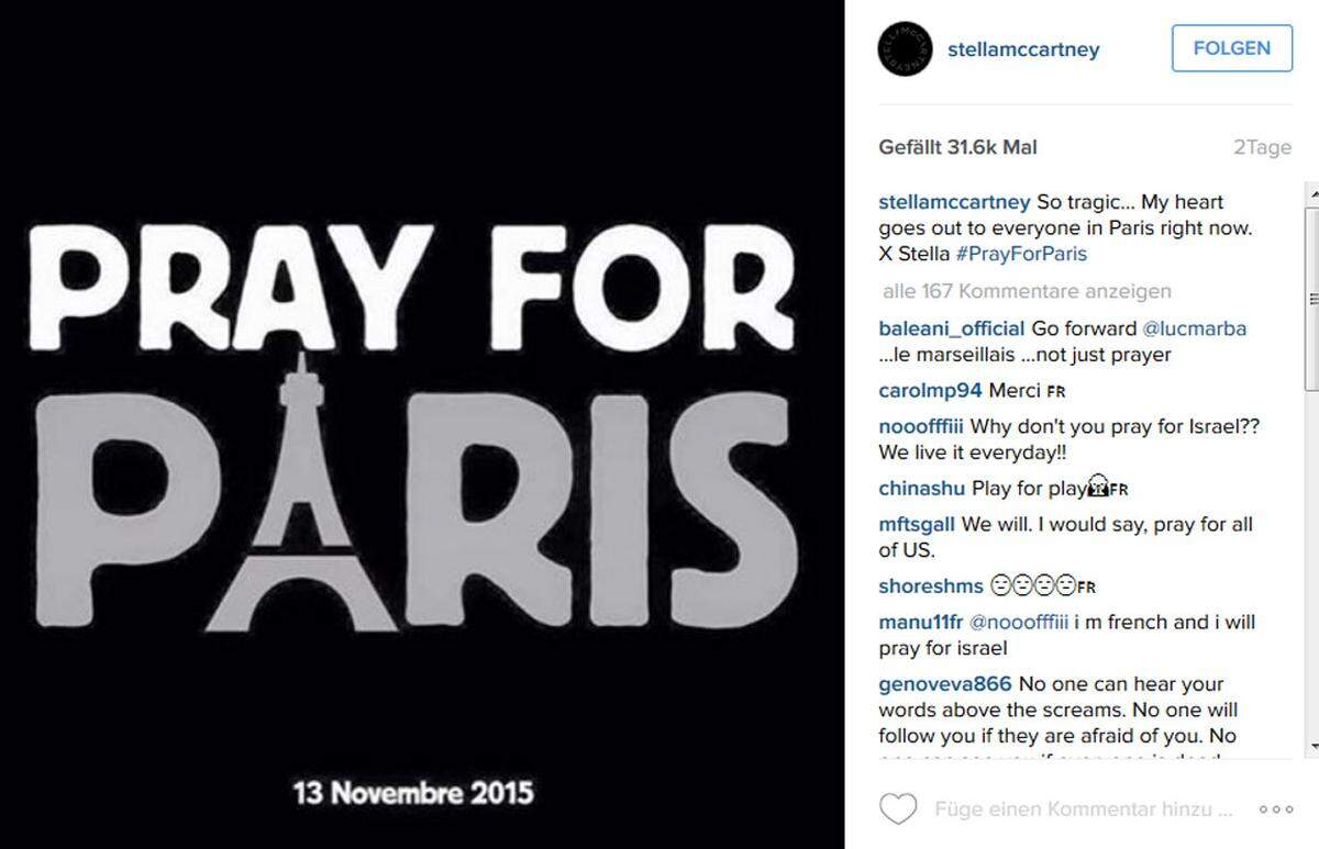 "Es ist so tragisch. Mein herzliches Beileid da draußen an all jene, die gerade in Paris sind", schreibt Stella McCartney.