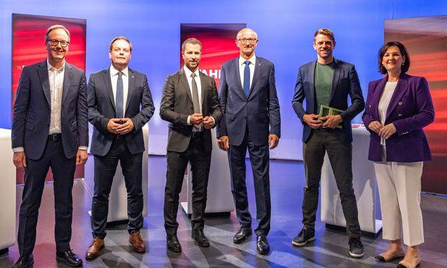  Dominik Oberhofer (NEOS), Markus Abwerzger (FPÖ), Georg Dornauer (SPÖ), Anton Mattle (ÖVP), Gebi Mair (Die Grünen), Andrea Haselwanter-Schneider (Liste Fritz) 
