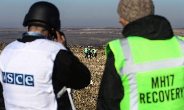 Ein OSZE-Beobachter und ein niederländischer Ermittler stehen am 6. November nahe der MH17-Absturzstelle in der Ostukraine.