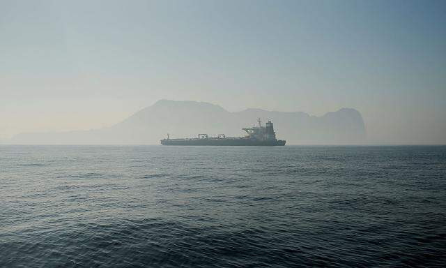 Iranian oil tanker Grace 1 sits anchored after it was seized in July by British Royal Marines off the coast of the British Mediterranean territory, in the Strait of Gibraltar