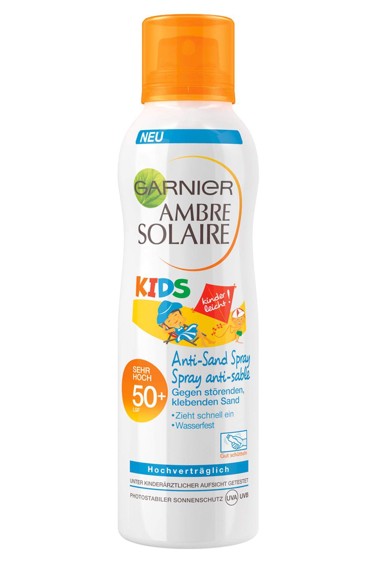 „Solaire Kids Anti - Sand Spray“, LSF 50+, 200 ml, 16,95 Euro. 