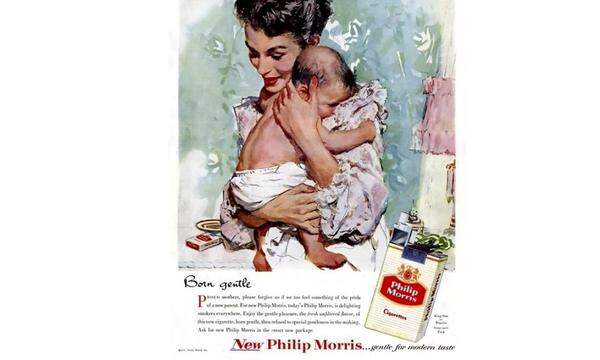 Hier warb Philip Morris mit einer "sanften Geburt", für neue extramilde Zigaretten.