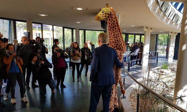 Ein letzter Auftritt mit Giraffe: Reinhold Mitterlehner am Mittwochvormittag im Zoo Schönbrunn.