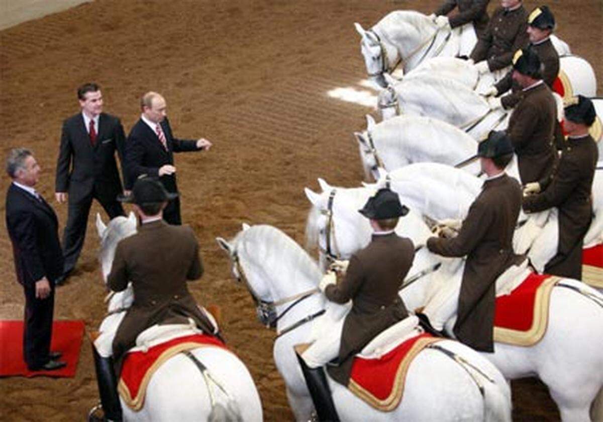 Für den Pferdeliebhaber Putin gab es eine Sondervorstellung. Zur Belohnung erhielten die Schimmel Zuckerstückchen. Selbst auf die muskulösen Rösser aufzusteigen und die Zügel in die Hand zu nehmen blieb Putin verwehrt: Laut Protokoll unmöglich.
