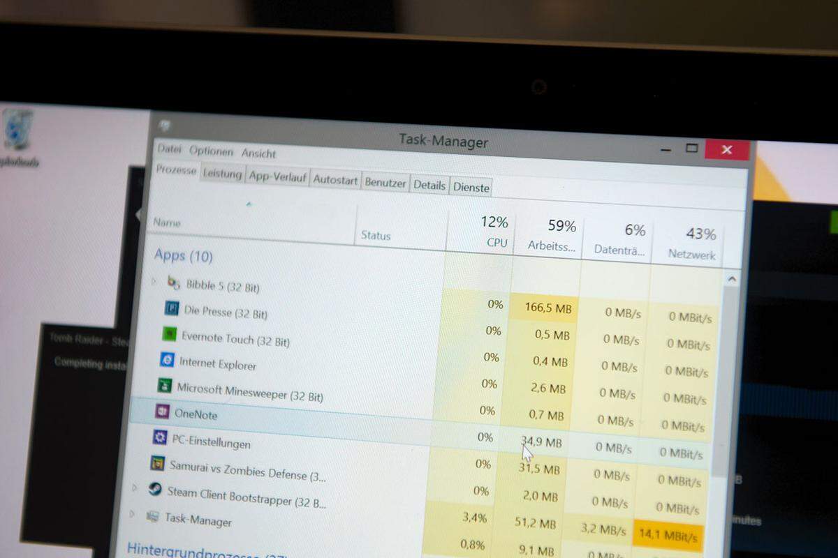 Das kann aber auch daran gelegen haben, dass Microsoft der "Presse" das Modell mit 4 GB Arbeitsspeicher zur Verfügung gestellt hat. Und ein Blick in den Task Manager zeigt auch, dass die RAM-Auslastung klar über der Hälfte liegt. Ob da das Einsteigermodell mit nur 2GB Arbeitsspeicher ausgereicht hätte?