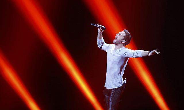 Mans Zelmerlow representing Sweden performs during a dress rehearsal for the second semifinal of the upcoming 60th annual Eurovision Song Contest in Vienna