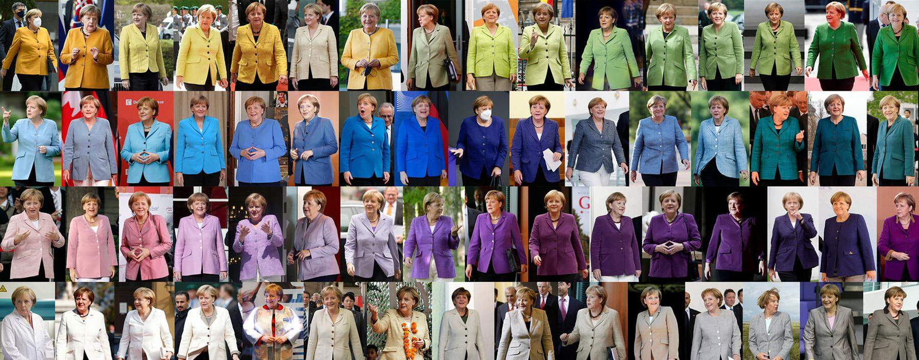 Angela Merkel in allen Farben, Schattierungen und Phasen ihrer 16-jährigen Kanzlerschaft. Ihrem Stil – politisch wie modisch – blieb sich die erste deutsche Regierungschefin treu. Zuweilen war sie aber auch für Überraschungen gut. 