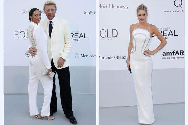 Boris Becker kam mit seiner Frau Lilly, die einen raffinierten weißen Hosenanzug trug. Neben ihnen Doutzen Kroes in Versace.