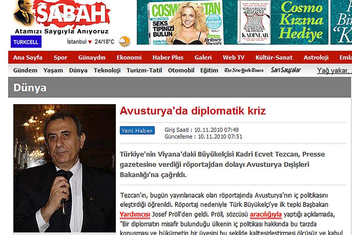 Auch türkische Medien setzen sich bereits mit dem Interview auseinander: Über eine "diplomatische Krise in Österreich" berichtet die Online-Ausgabe der Tageszeitung "Sabah". Beim Nachrichtenportal "Internethaber" war von einer "Ghettoisierungs-Krise" die Rede.