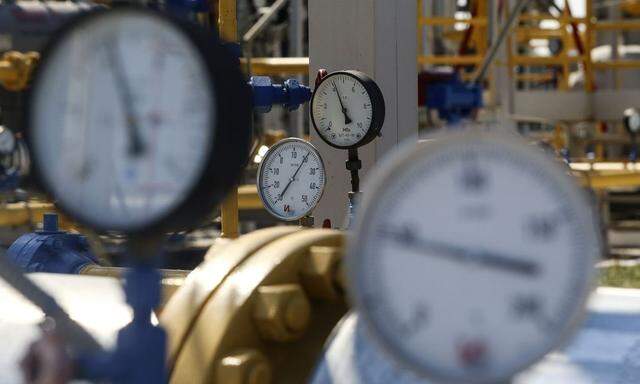 Pressure gauges are seen at a boosting compressor station (BCS) owned by Ukrgasvydobuvannya Public Joint Stock Company in Chervony Donets